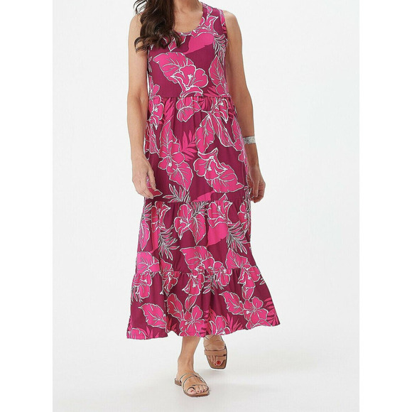 Cuddl Duds Flexwear Scoop-Neck Tiered Maxi Dress- BERRY HIBISCUS, XS #A391623 - Picture 1 of 2
